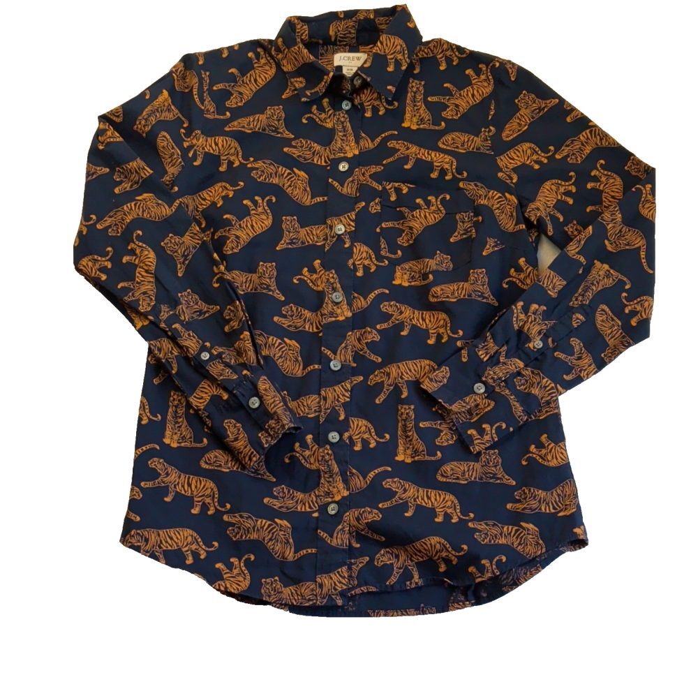 J.CREW Women's XS Navy/Orange Tiger Animal Print Button-Up Collared Shirt